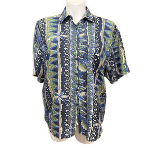 Royal Wear Vintage 100 Silk Button Front Shirt XL Blue Green Abstract